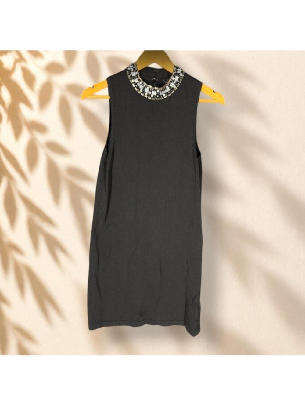 Topshop Dress Women 4 Black Shift Midi Rhinestone Sleeveless Hook & Eye Casual